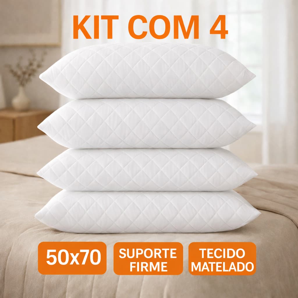 Kit 4 Travesseiros Premium 50x70 Macio Lavável Suporte Médio Fibra Siliconada