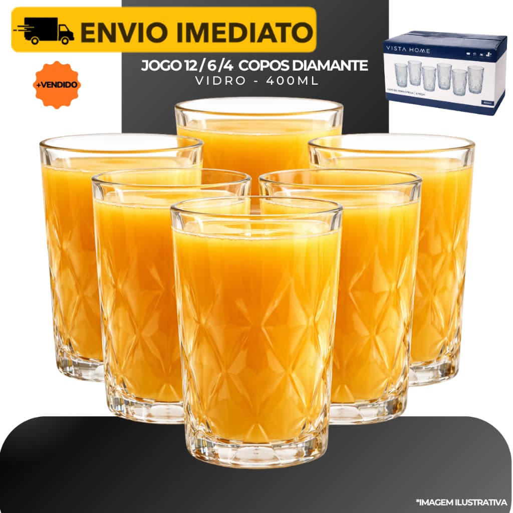 Jogo 12/6/4 Copos Diamante Vidro 400ml Long Drink - Diamond Transparente