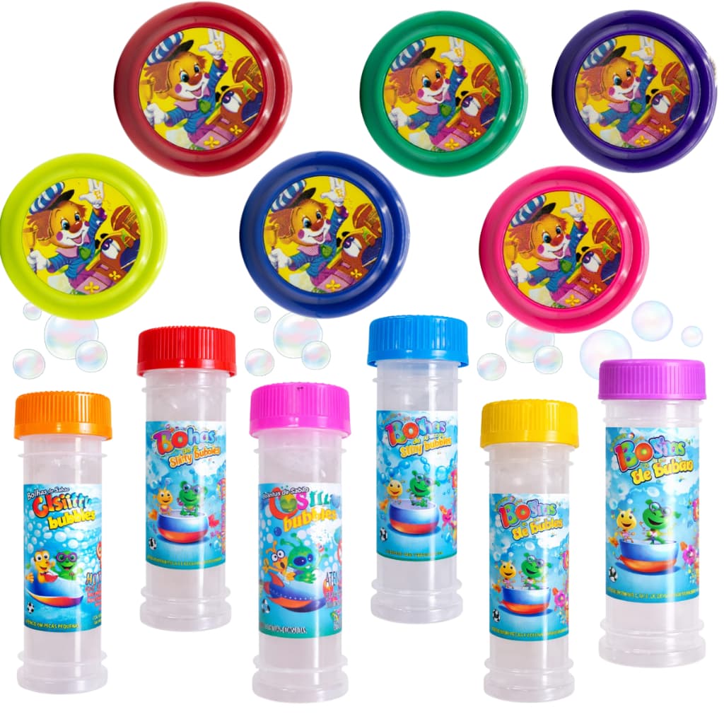 Brinquedos  Kit festa aniversário 06 bolhas de sabão lembrancinha + 06 ioios infantil Kit Brinquedo Aniversário