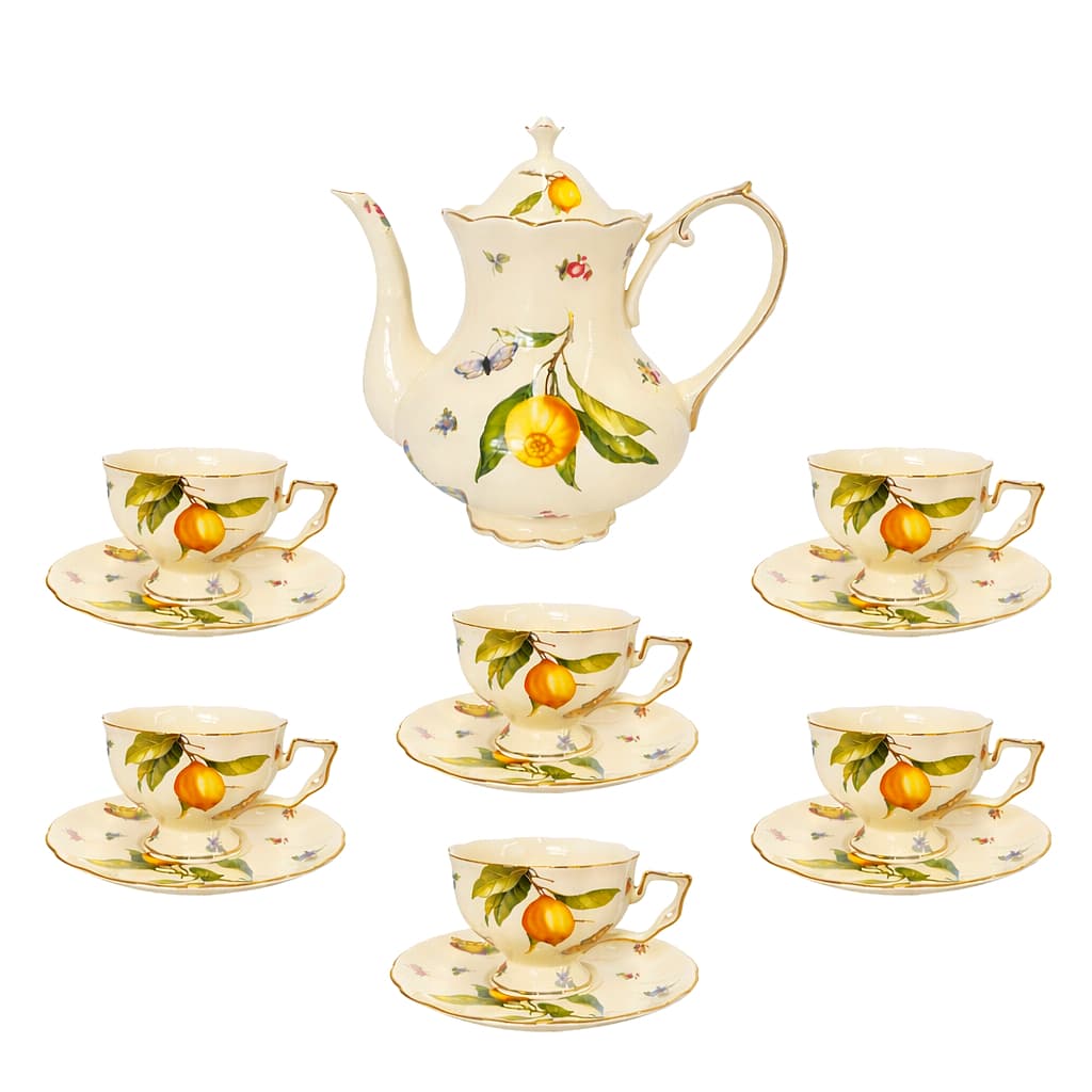KIT Bule de Cerâmica Chá Cafe + Xicara Porcelana Floral Lemon Estilho Inglês Vintage ( BULE x1 + XICARAS x6)