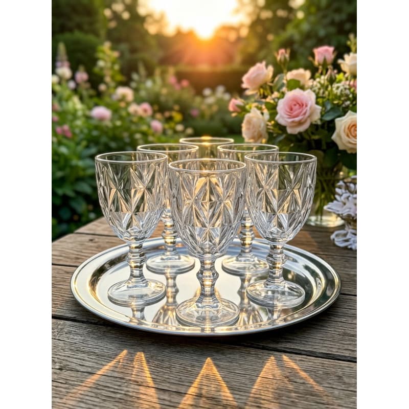 Jogo de 6 Taças de Vidro Cristal Trabalhado com Relevo Diamante para Água,Vinho,suco e refrigerantes