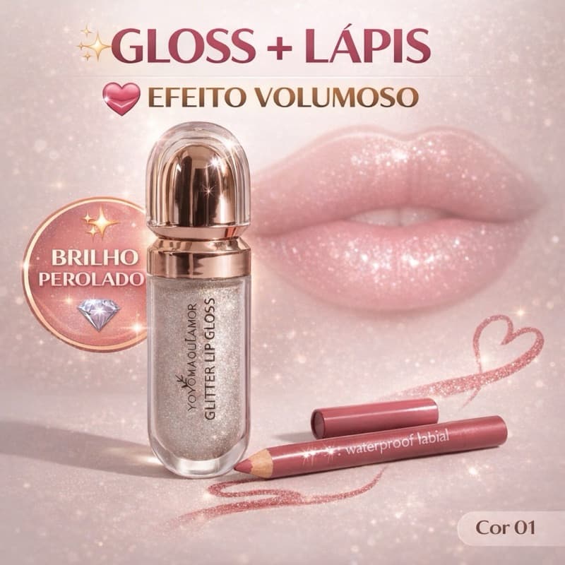 Gloss Labial Glitter + Lápis Contorno Boca Efeito Volumoso Brilho Perolado Kit Promoção
