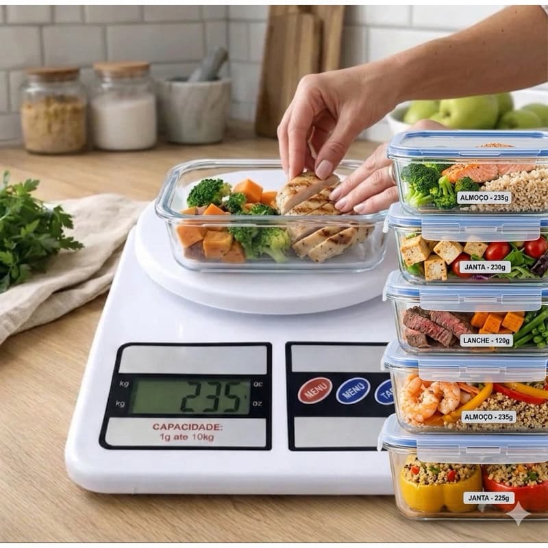 Kit 5 Potes Vidro Marmita Dieta + Balança Digital Cozinha 10kg Alimentos