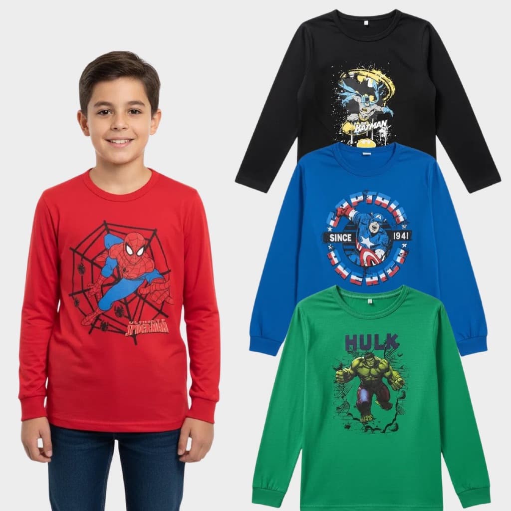 Kit 2 ou 4 Camisetas Infantil Menino Manga Longa Estampada Personagem