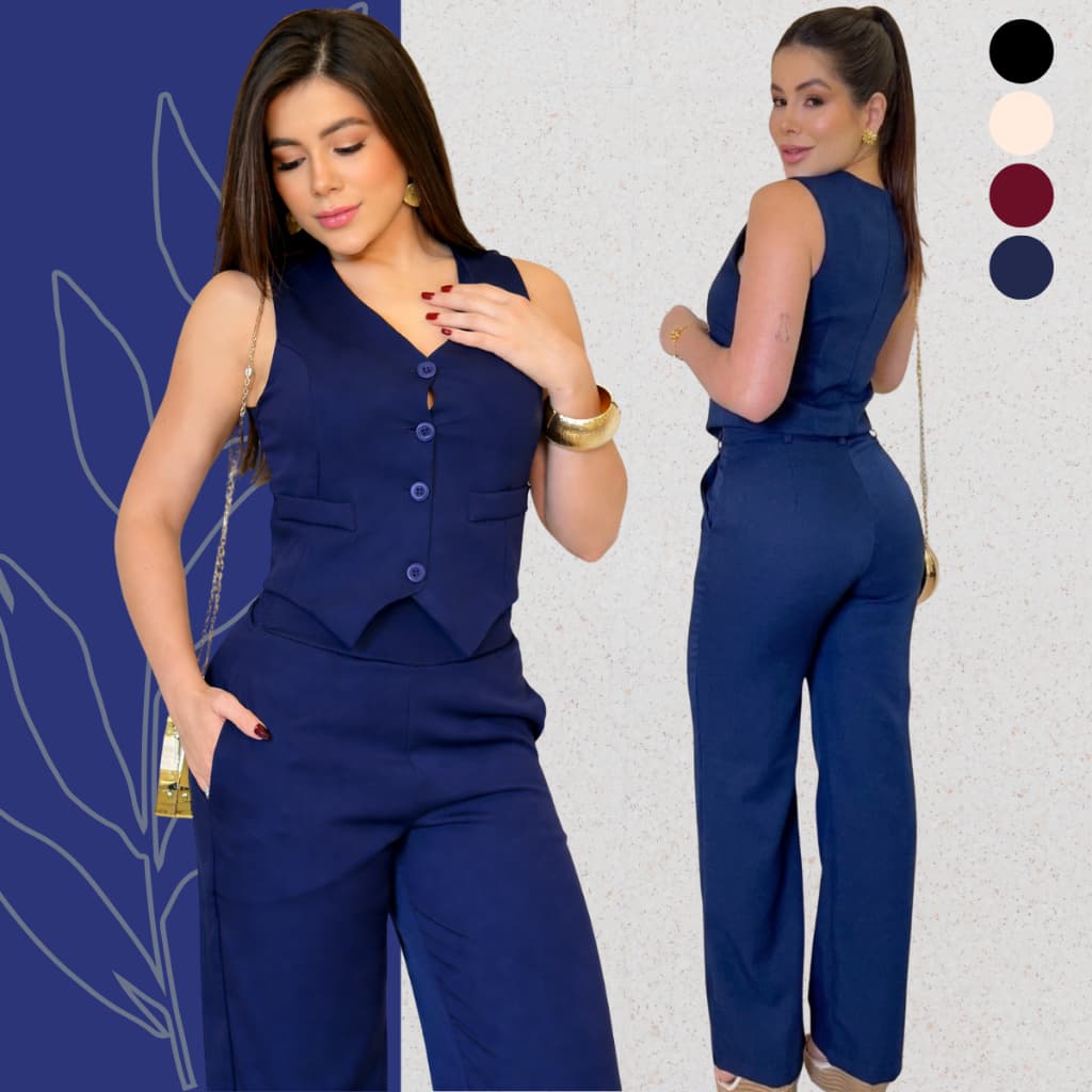 Conjunto Feminino Alfaiataria Colete e Calça Pantalona Social Elegante Trabalho Moda Executiva