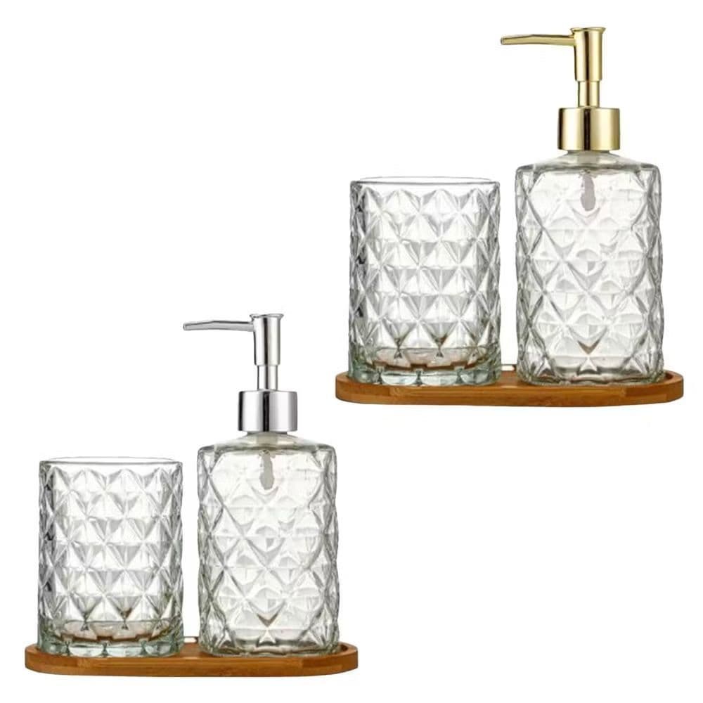 Kit Banheiro 3 Peças Vidro Moderno com Suporte de Bambu – Dispenser + Copo – Prata ou Dourado-Clink
