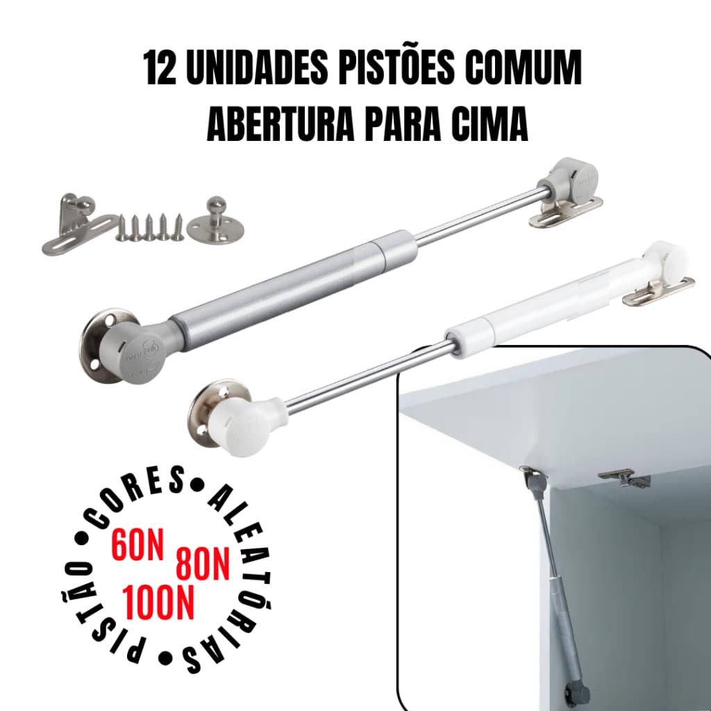 Kit com 12 unidades de Pistão a Gás Comum para Armário com Amortecedor - Abre para cima