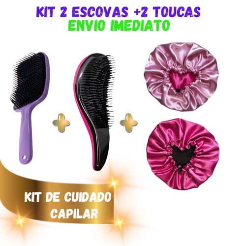 Kit 4 Itens para Cabelo: 2 Toucas de Cetim + Escova Mágica + Escova Raquete Curvada