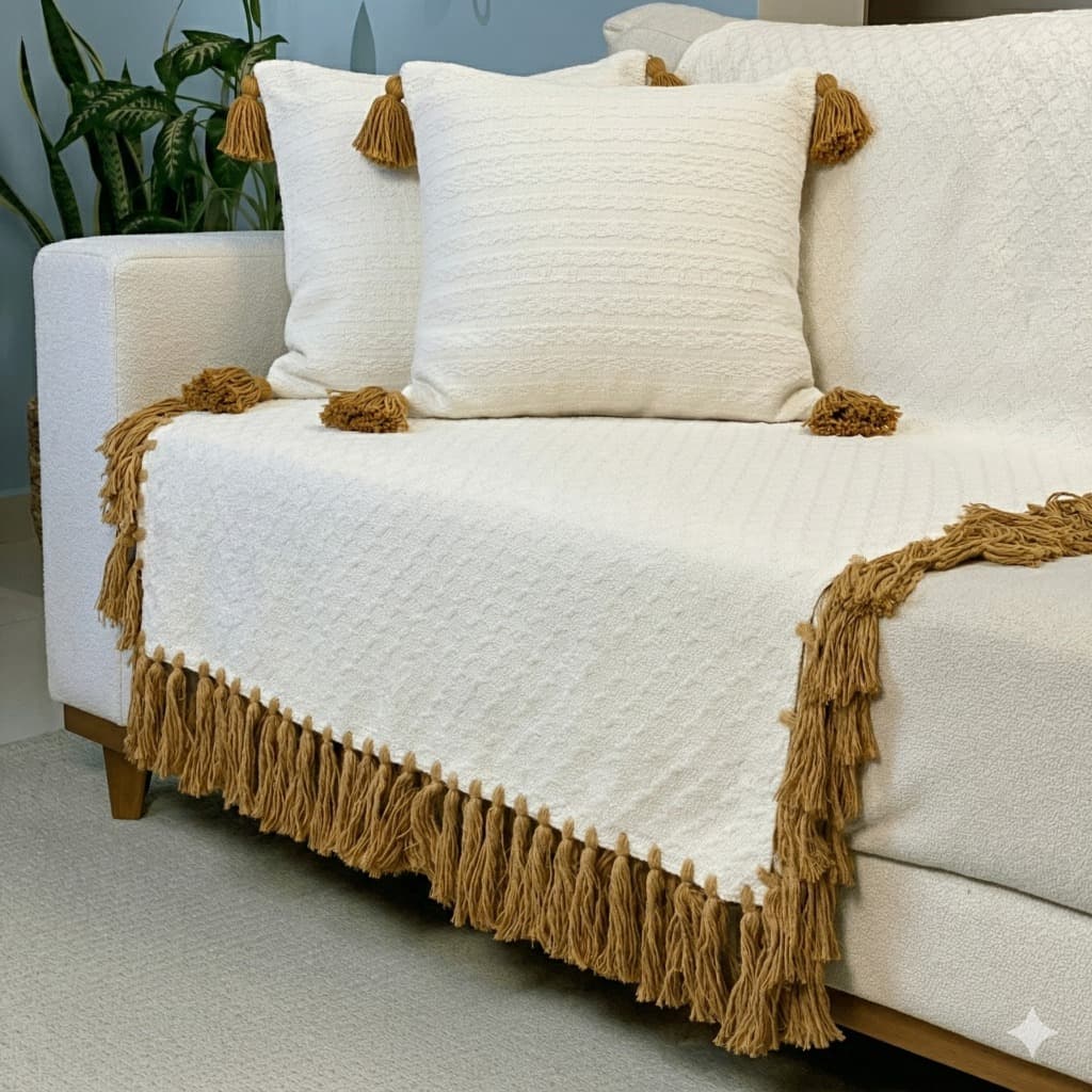 Manta Decorativa para Sofá em Algodão Artesanal Estilo Macramê com Franja 1,75x1,85m | Opção Kit