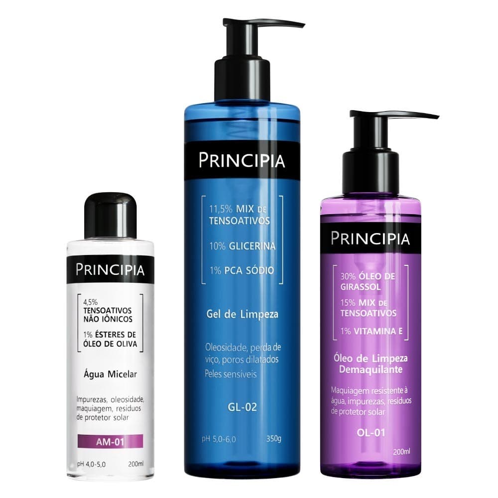 Principia Kit Trio Limpeza Demaquilante c/ Óleo de Limpeza OL-01 + Gel de Limpeza GL-02 + Água Micelar AM-01