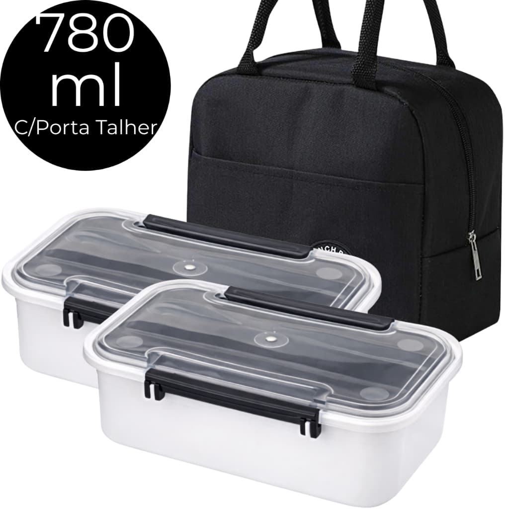 Lancheira Marmita Plastica 780ml C/Porta Talheres C/ Bolsa Termica Trabalho Casa Escola