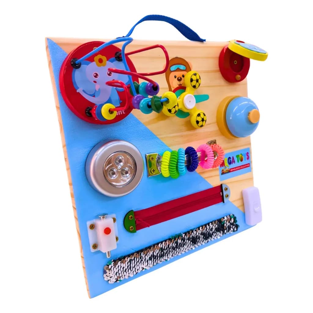 Painel Sensorial Montessori Mega Toys 10 Atividades Menino Madeira Azul-celeste 30x30cm