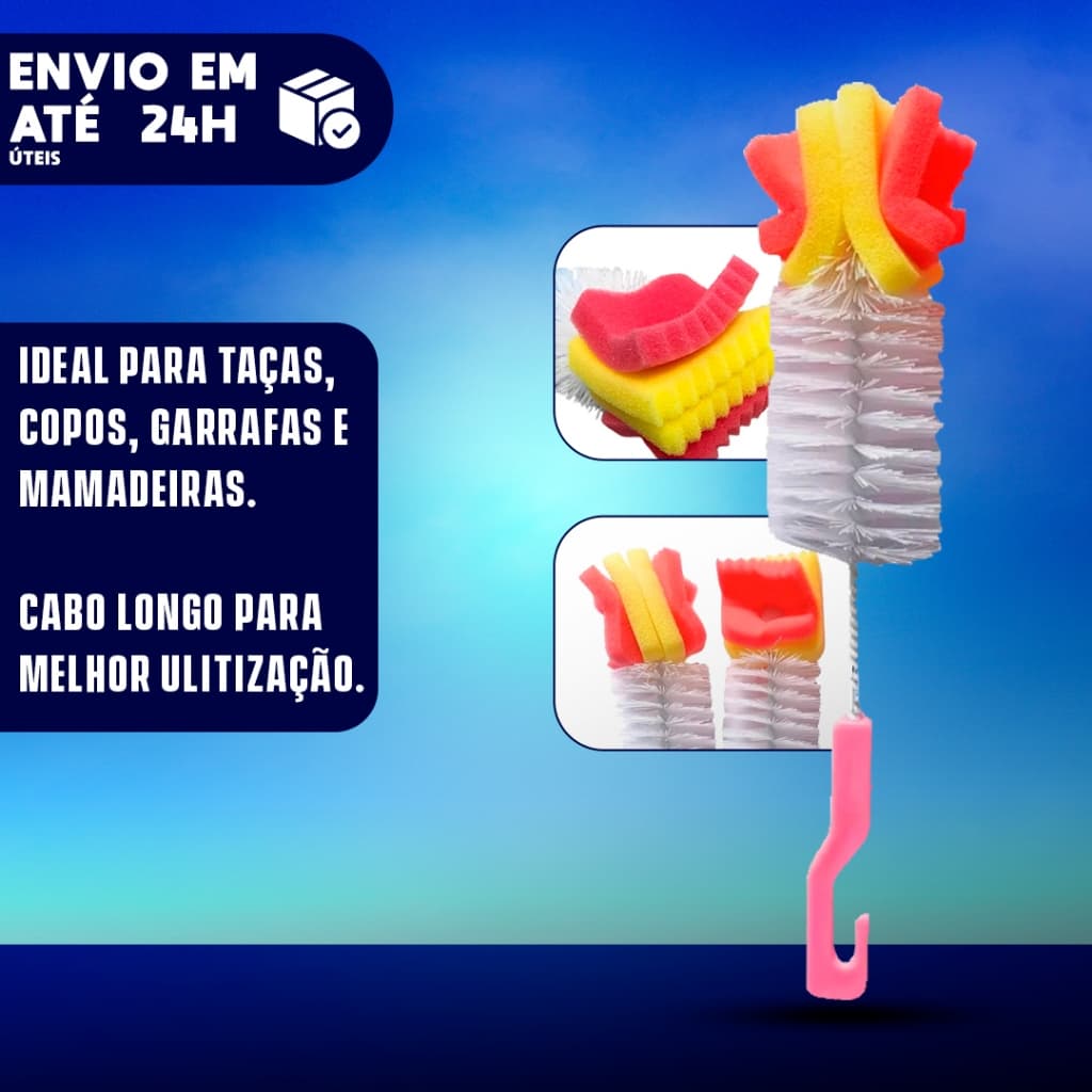 Escova com Esponja cabo 26cm para lavar mamadeira, copos, taças e garrafas nas partes internas