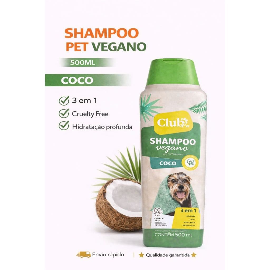 Shampoo Pet Vegano Coco 500ml Cães e Gatos Club Pet 3 em 1 Hidratação Profunda
