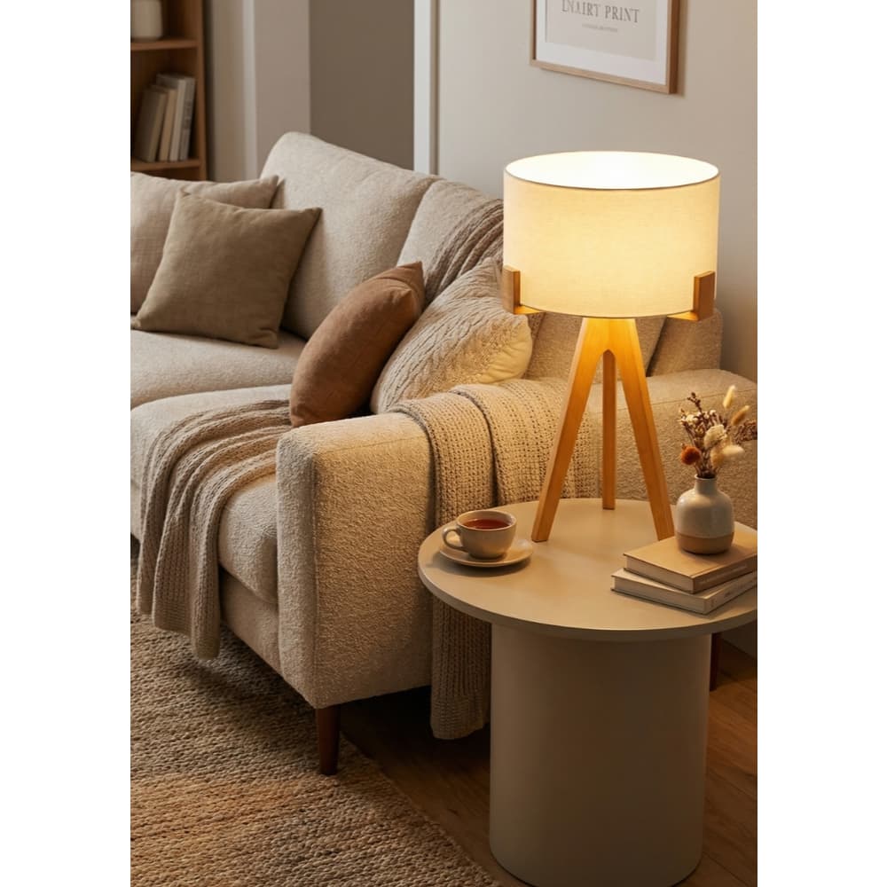 Abajur para Mesa Racks em MDF Resistente Qualidade Minimalista Áustria Premium Decor Casa com Cupula Algodão Cru