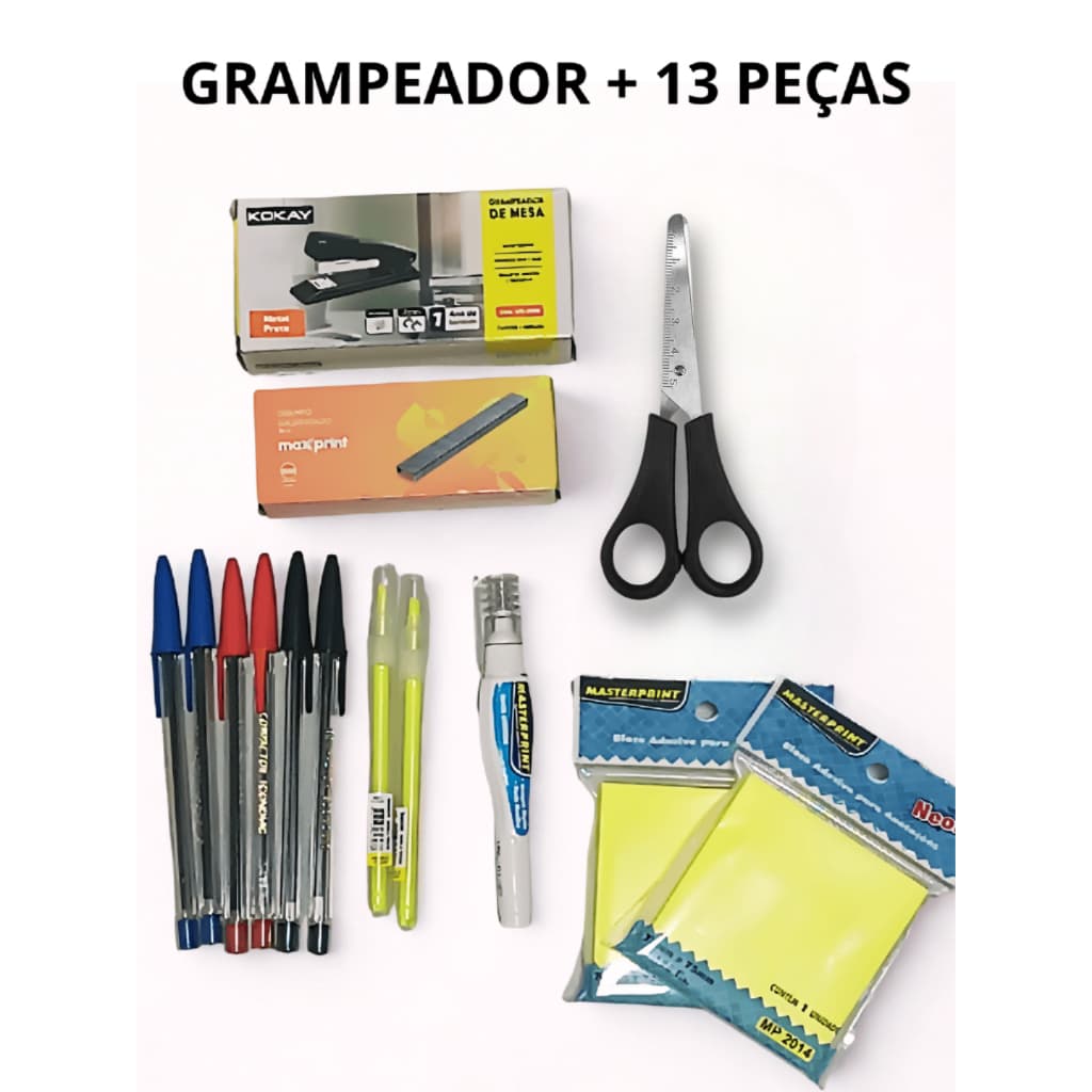 Kit Grampeador Metal 25 Folhas 26 e 24/6 + 5000 Grampos 26/6 Canetas Tesoura Blocos Adesivos 14 Peças