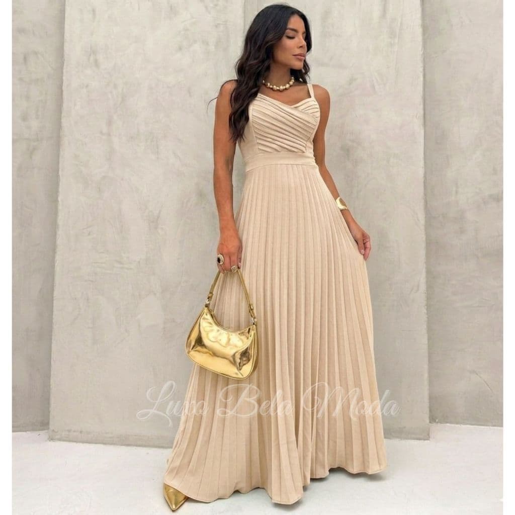 Vestido Feminino Longo Plissado Elegante Verão Réveillon Chic Alça Regulável Tendência M/ G