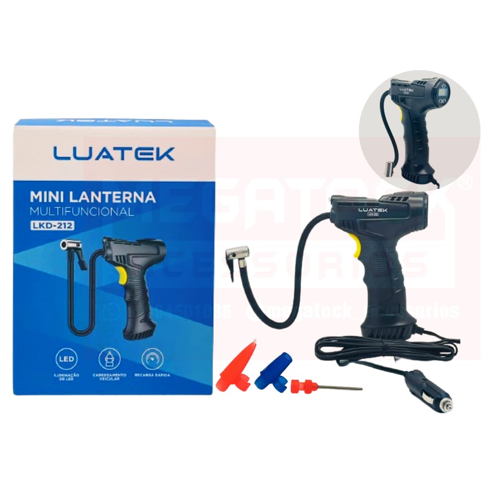 Compressor Ar Veicular Digital Portátil Calibrador Pneu LUATEK-LKD-212