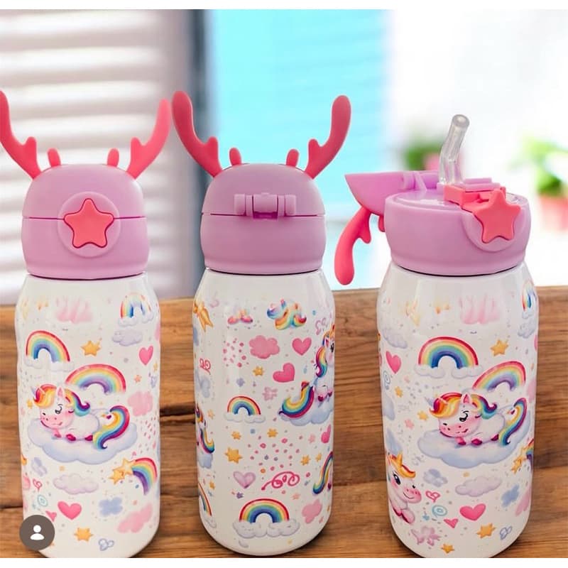 Garrafa squeeze térmica 500ml temática com canudo tampa alce