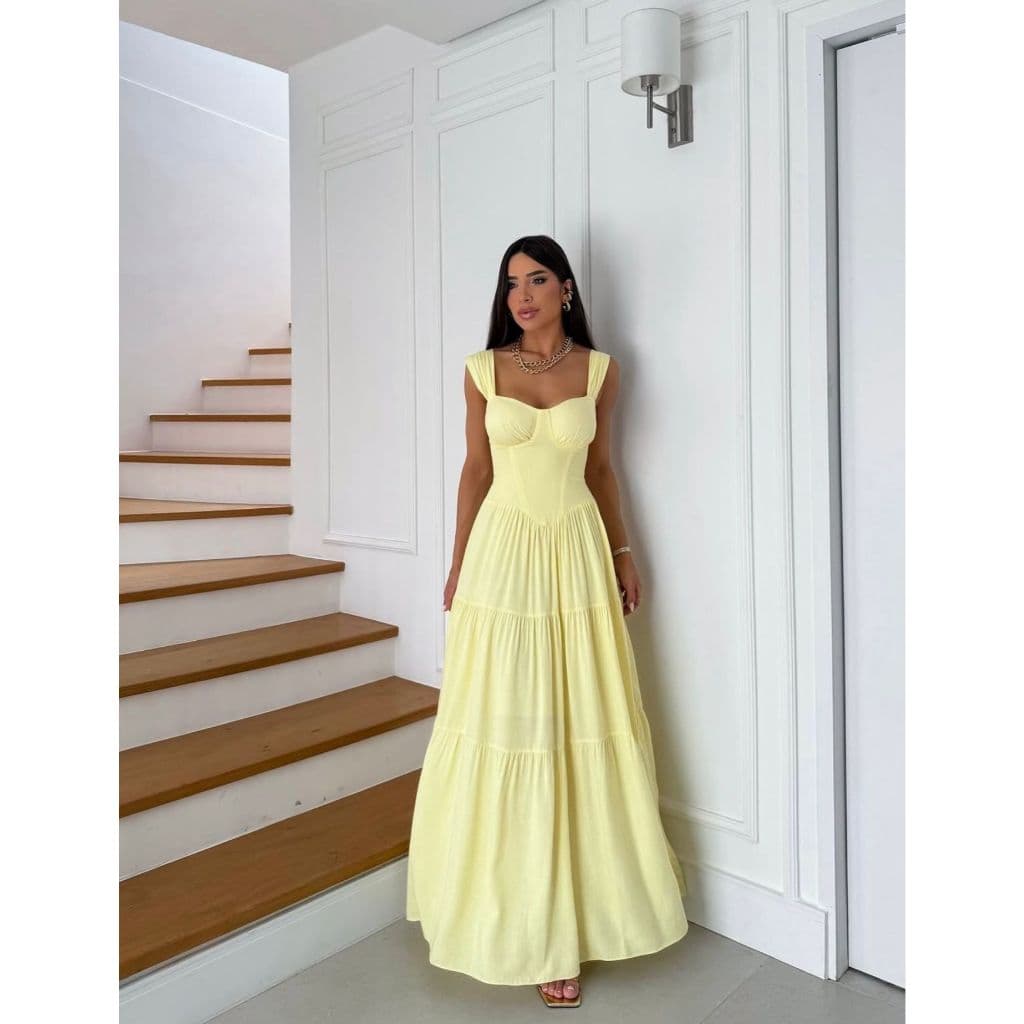 VESTIDO FEMININO LONGO CORSELET ALÇA GROSSA BABADO LANÇAMENTO VISCOLINHO SENSORIAL MARRANT 3 MARIAS ELEGANTE FESTA CASAM