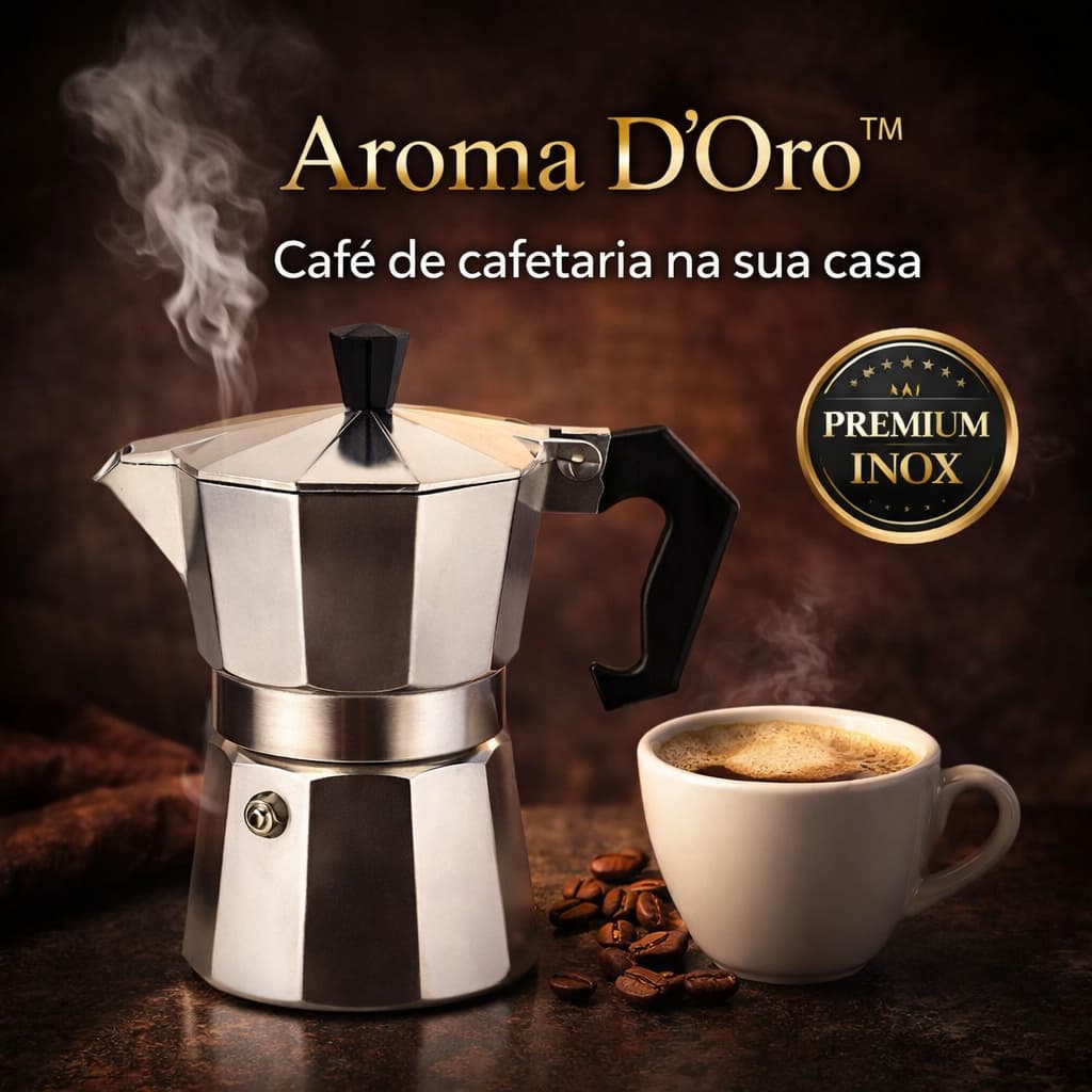 Cafeteira Italiana Inox 3 Xícaras Aroma D’Oro™ Café Forte Cremoso Tipo Italiana Moka Express Fogão