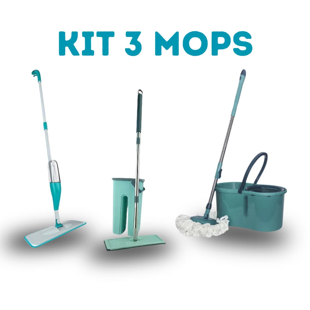 Kit Mop 3 Em 1 Spray Flat Giratório Inox Com Cabo em Inox 360