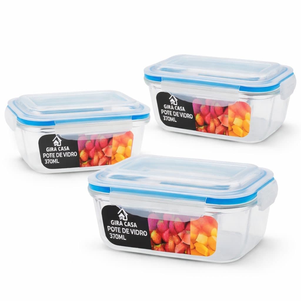 Kit 3 6 9 unidades Potes de Vidro 340ml  640ml Hermético Marmita Fit com Tampa 4 Travas