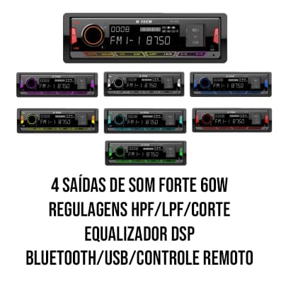 Rádio Aparelho Som H-Tech 4x60w WR 4 Saídas RCA DSP HPF LPF Equalizador Regulagens Som Automotivo HT-1525 Tipo Pioneer