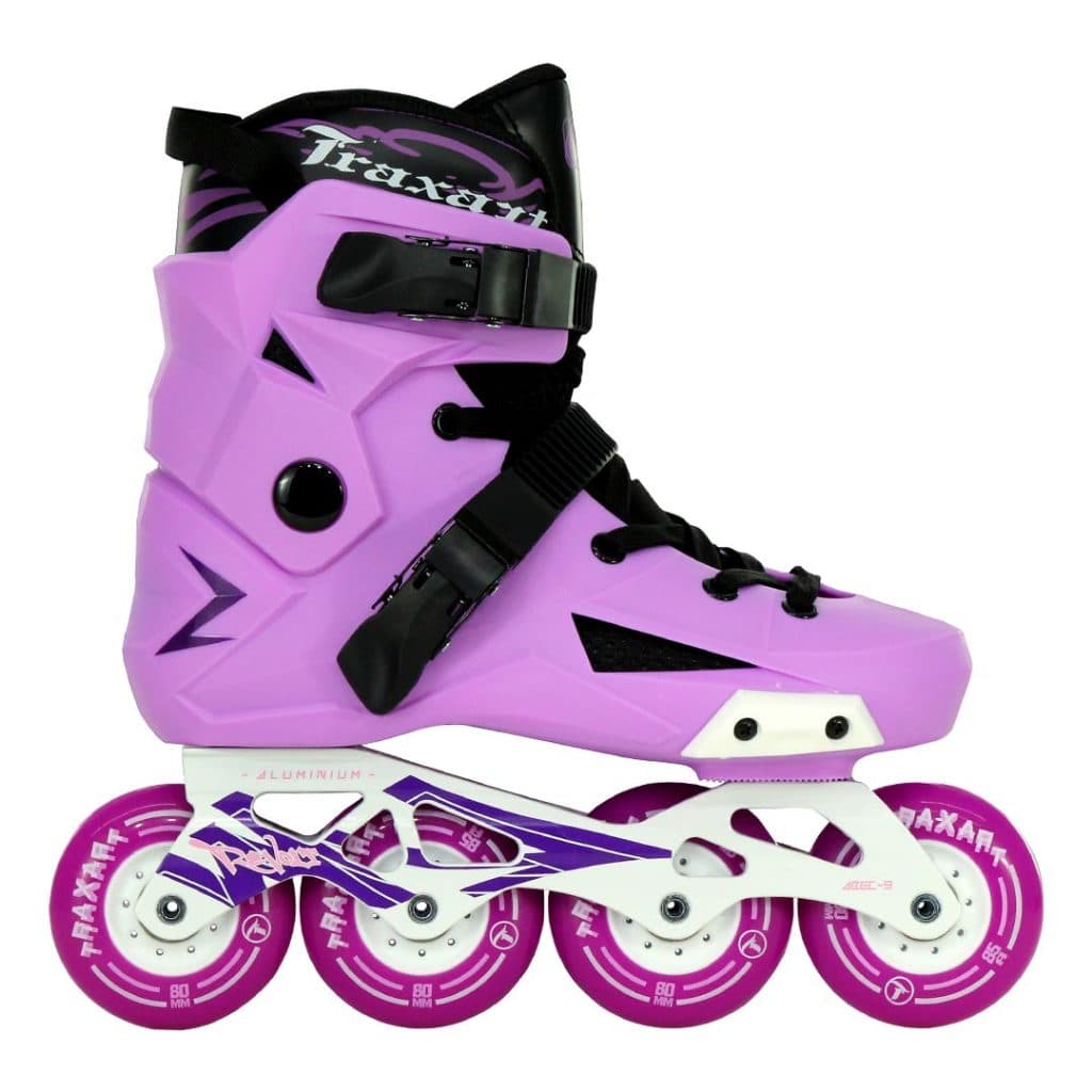 Patins Inline Freestyle Traxart Revolt Lilás com Base Branca 80MM ABEC-9 Profissional Iniciante