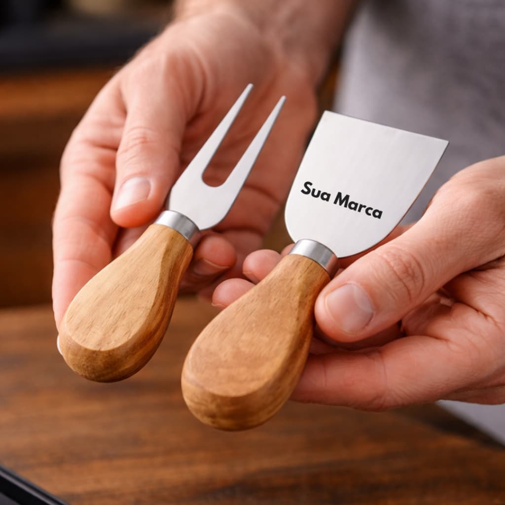 Kit queijo inox cabo de madeira com nome personalizado 2 Peças