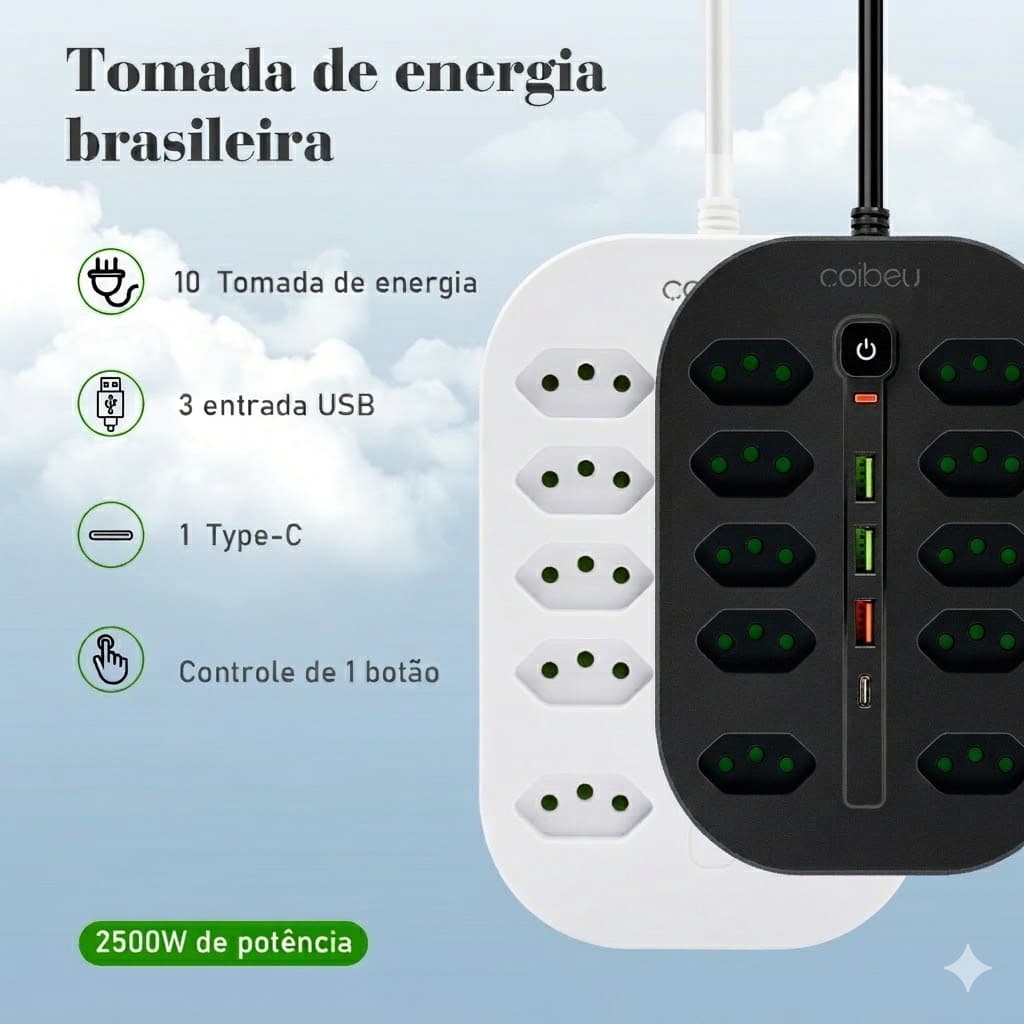 Cabo de extensão elétrica 10 tomadas 3 USB 1 tipo C dupla potência 2500W 10A 2 metros 1031 Filtro de Linha Torre Bivolt