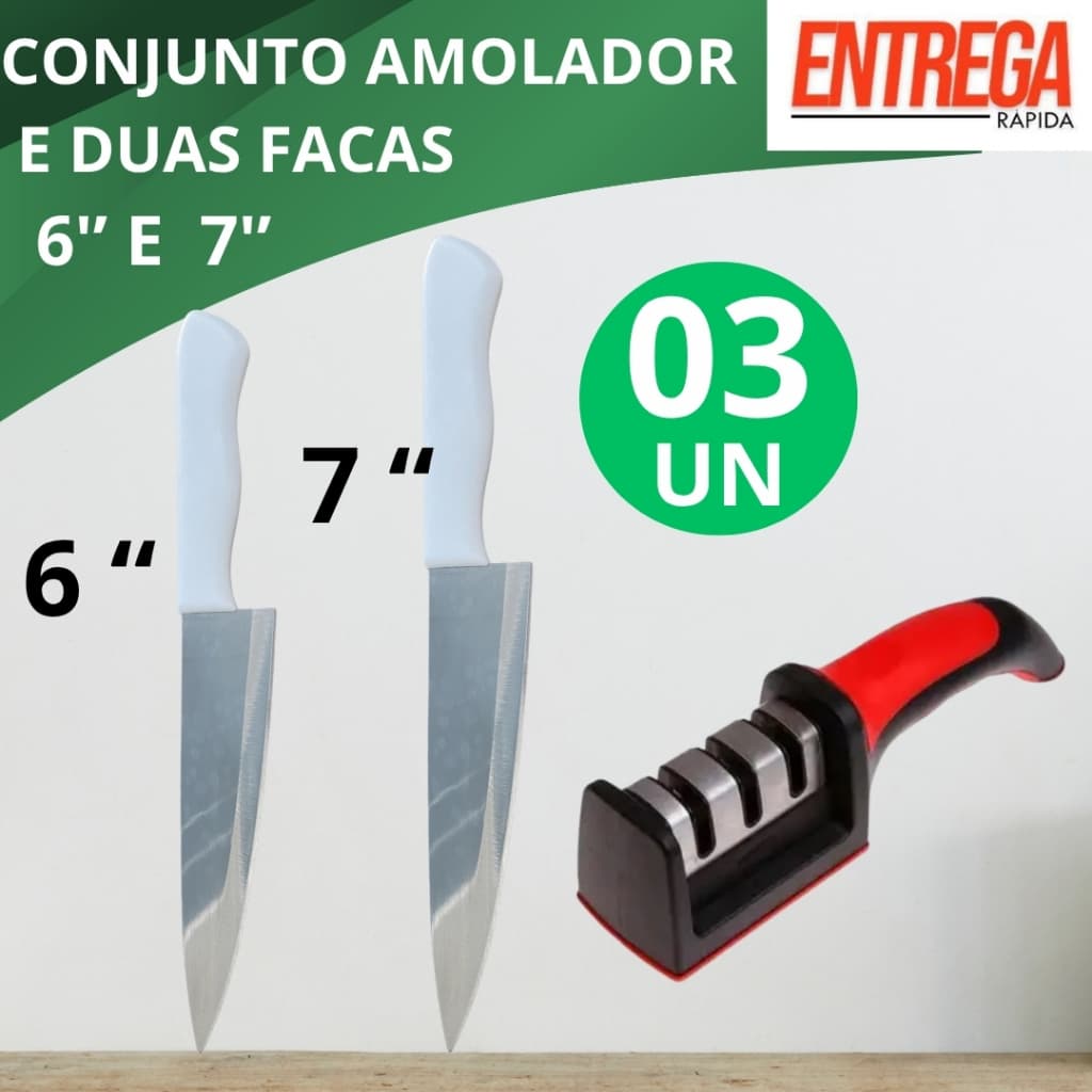 Kit Conjunto Amolador E Duas Facas Inox 6" e 7" Polegadas Premium Profissional Cozinha Restaurante Buffet
