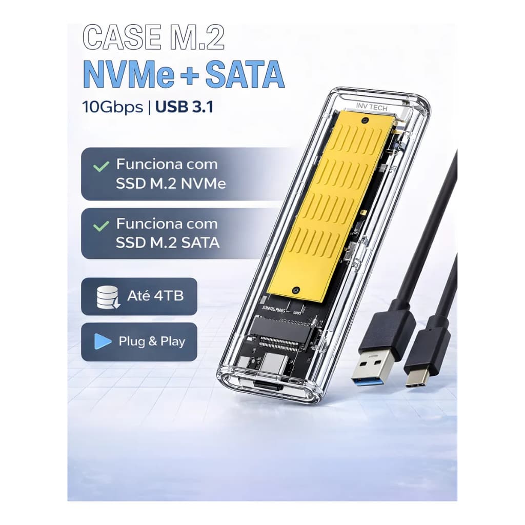 Case ssd M2 Nvme e Sata Ngff Adaptador Hd Externo M.2 Usb 3.1 Tipo C Transparente