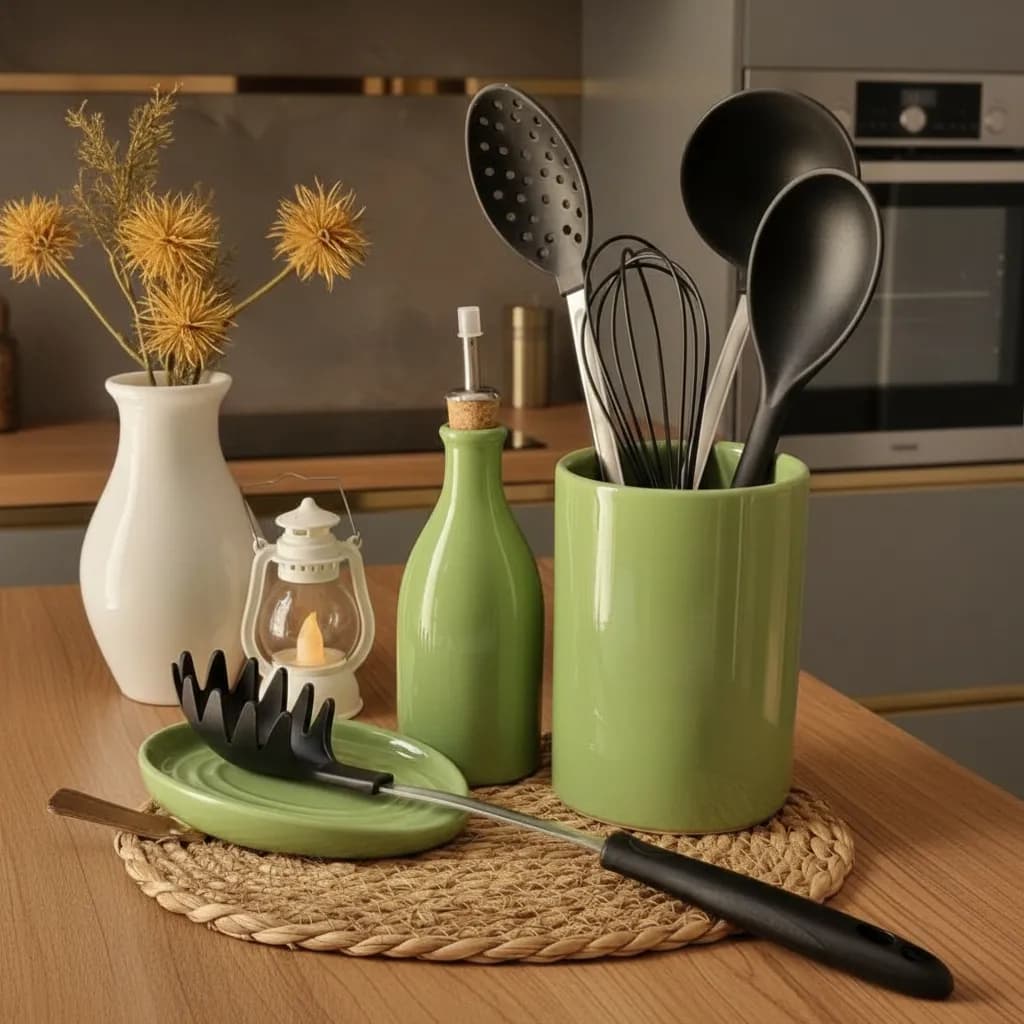 Kit Utensílios + Azeite + Descanso em Cerâmica Colorida Artesanal