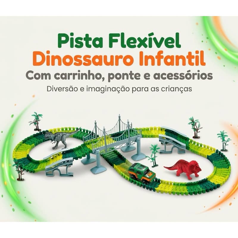Brinquedo Pista Dinossauro Com Carrinho Luz Trilho Flexível Completo Infantil