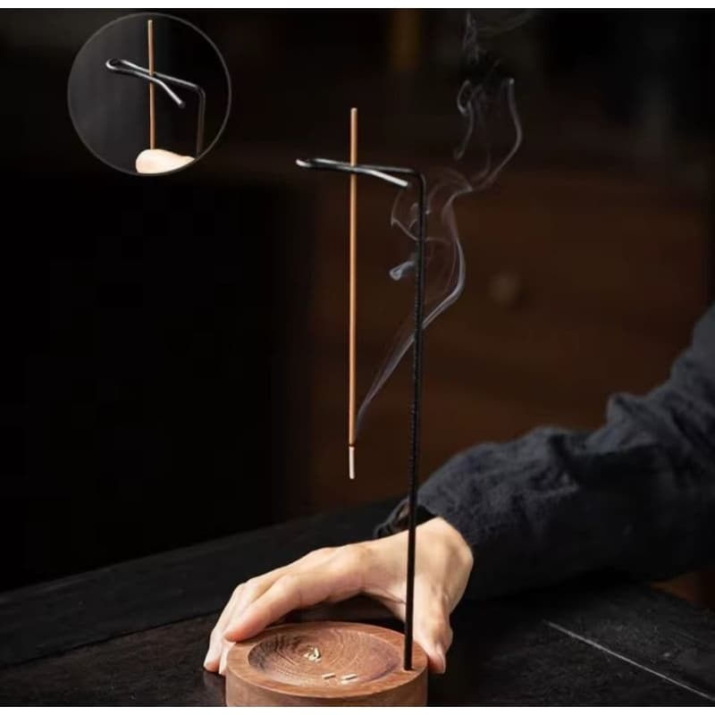 Incensário Invertido Flutuante – Suporte de Madeira e Metal – Cor Mogno