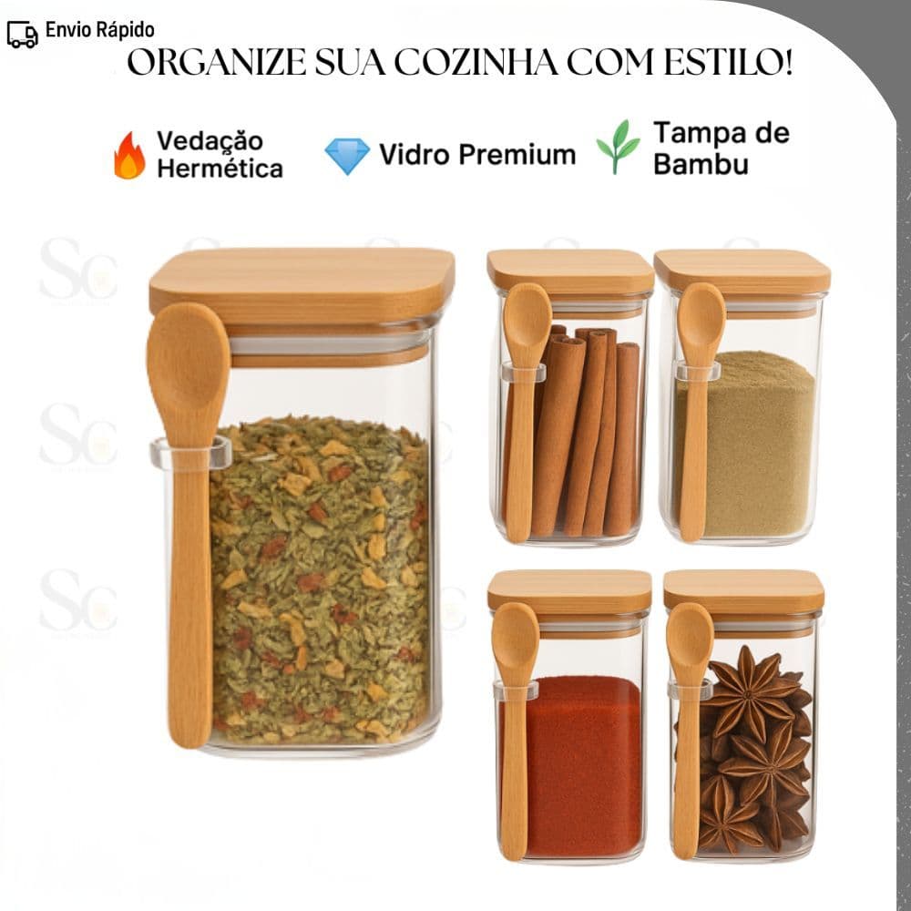 Kit 4/5/10/12 Pote Porta Temperos Vidro 250ml Quadrado com Tampa e Colher de Bambu