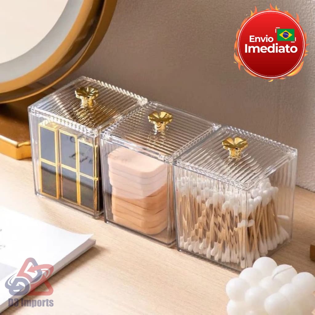 Porta Algodão Cotonete Multiuso de Acrílico Organizador Com Tampa e Detalhe Dourado