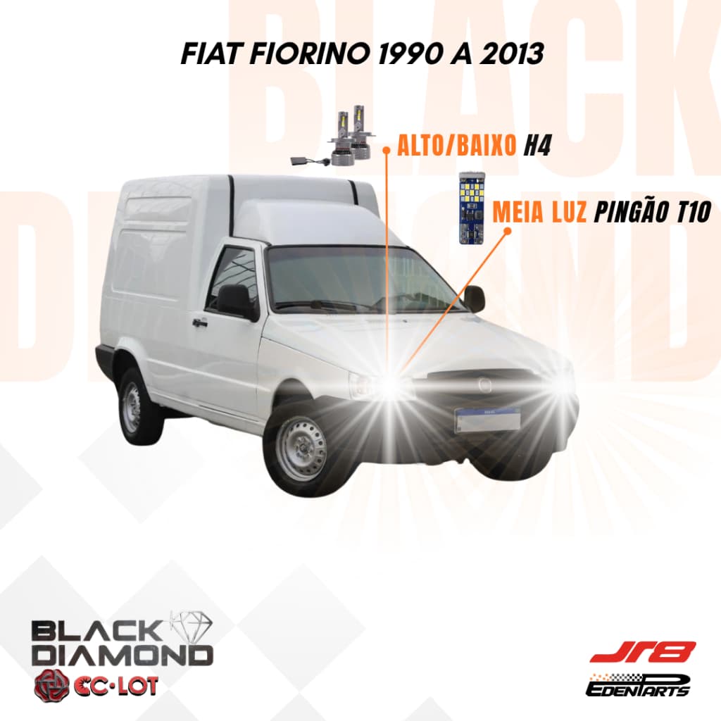 Kit Lampadas Farol LED Fiat Fiorino 1990 a 2013 JR8 BlackDiamond H4 6000K + Lâmpada Pingão T10 21 LED