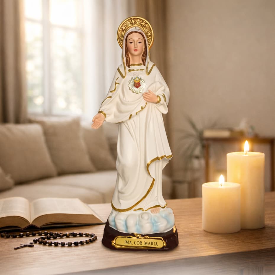 Imagem Sagrado Imaculado Coração de Maria De Resina 20 cm Importada