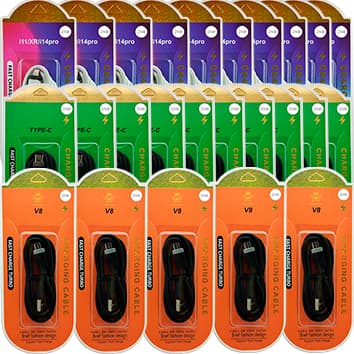 KIT COM 25 CABOS OS TRES MODELOS 10 CABOS COMPATIVEL PARA IPHONE 10 CABOS TIPO C 5 CABOS SMARTPHONE V8 NO ATACADO REVEND