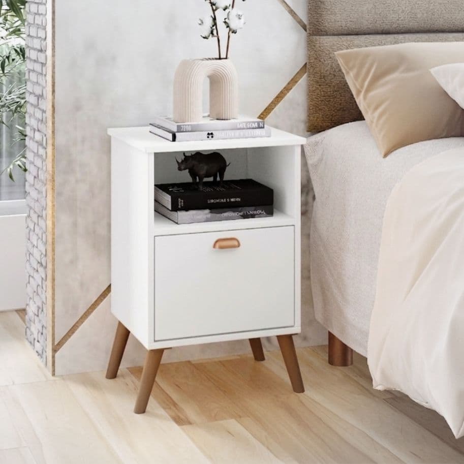 Mesa de Cabeceira Retrô com 1 Gaveta e Nicho para Quarto ou Escritório com Pés Palito