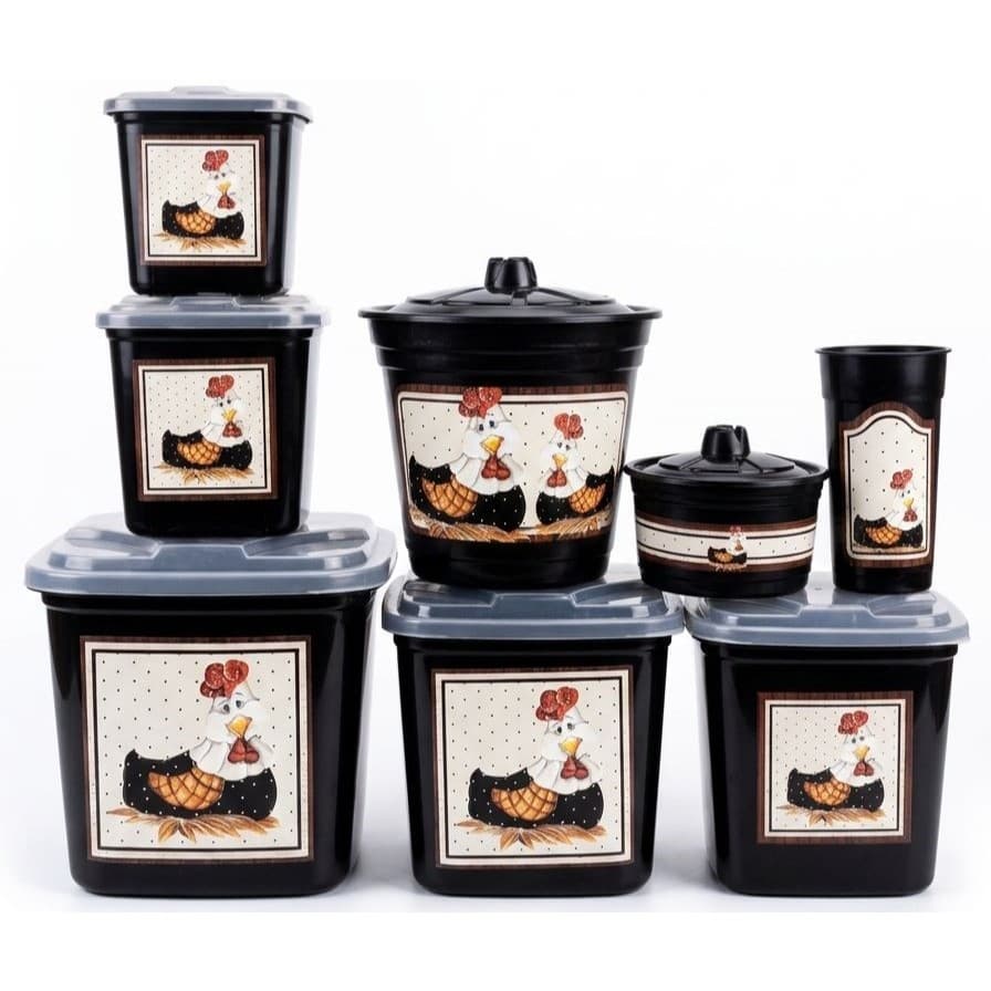 Kit Cozinha 8 Peças de Plástico Preto - Jogo 5 Mantimentos + Kit Pia 3 Peças com Decoupage Variadas