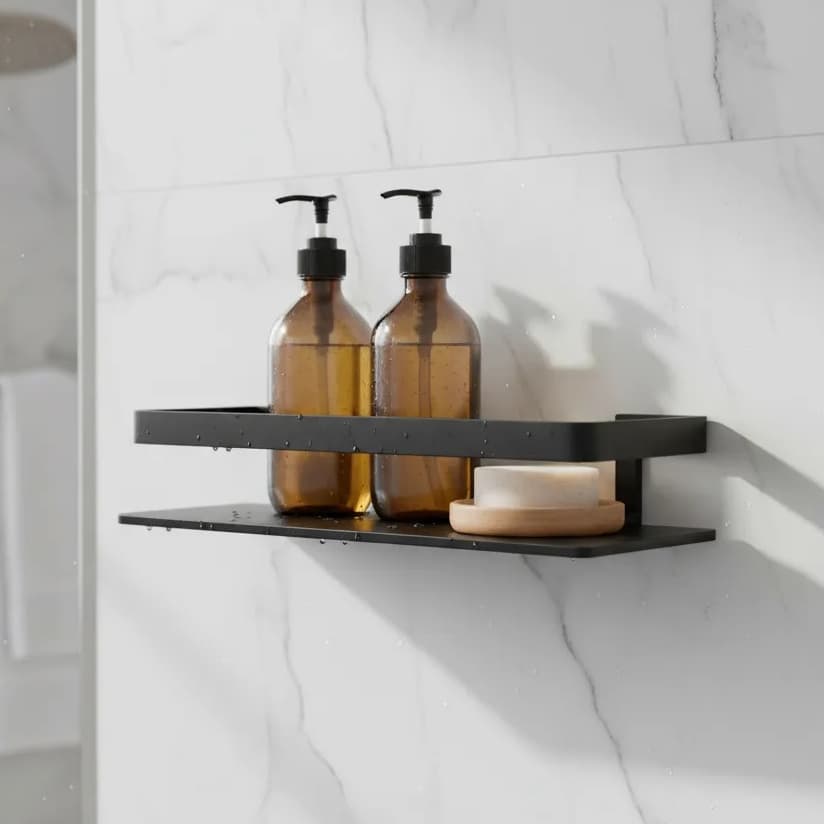 Porta Shampoo para Banheiro com Suporte Inox Fixação Parede Prateleira Retangular Quadrado Semi Luxo 3/4