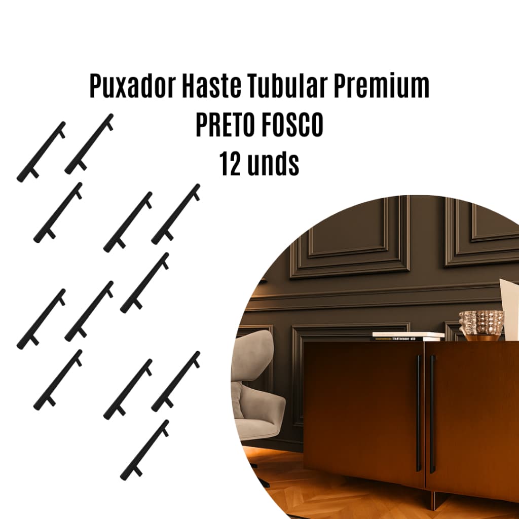 12 unidades Puxador Haste Tubular Premium cor PRETO FOSCO - italy line - IL814 - Vários TAMANHOS