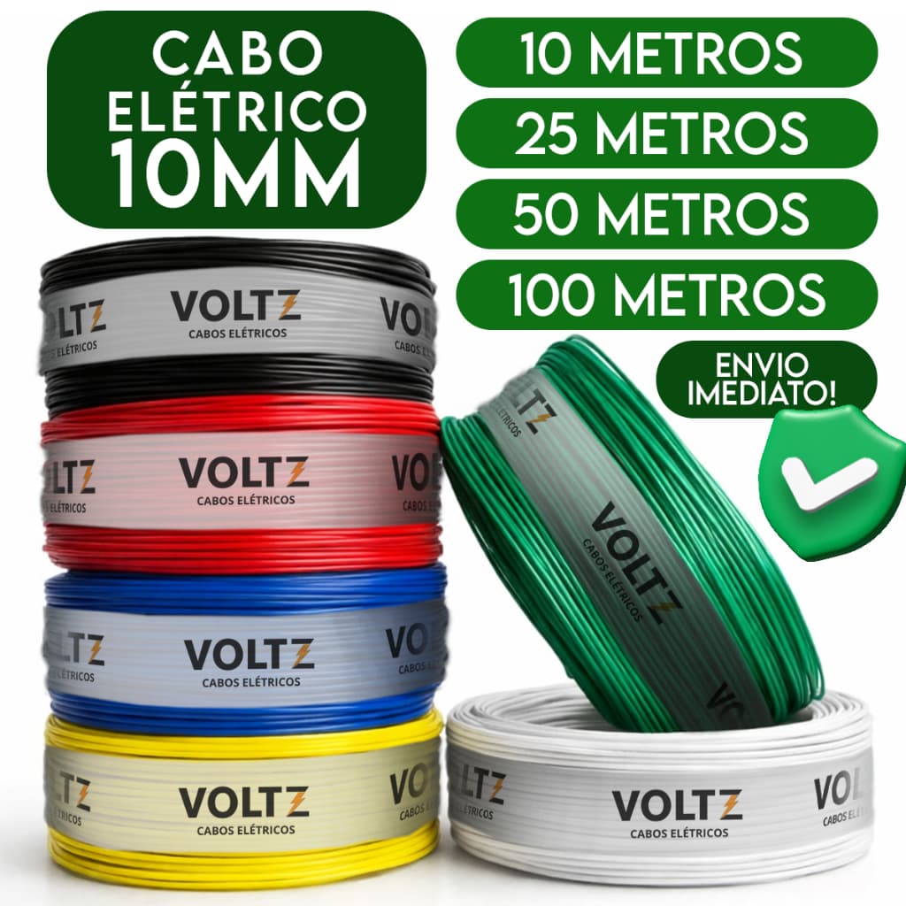 Fio Elétrico 10mm Cabo Flexível Rolo Com 10 25 50 e 100 Metros Anti-chamas 750v