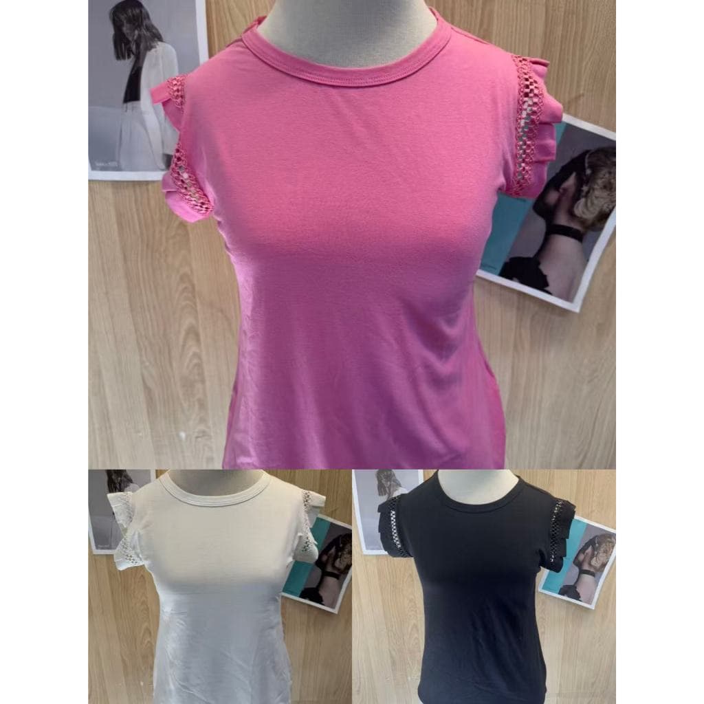 KIT 3 Blusa Manga Curta com Detalhe de Renda no Ombro
