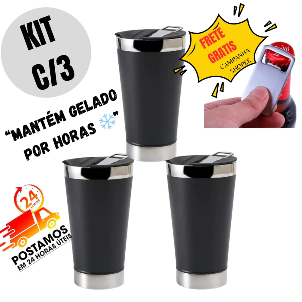 Copos Térmico 500ml Inox Para Cerveja Mantém Gelado 4 horas + Abridor Bar Churrasco ZQL-014