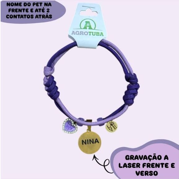 Coleira colar de cordas trançadas ajustável com plaquinha de identificação para cachorro e gato