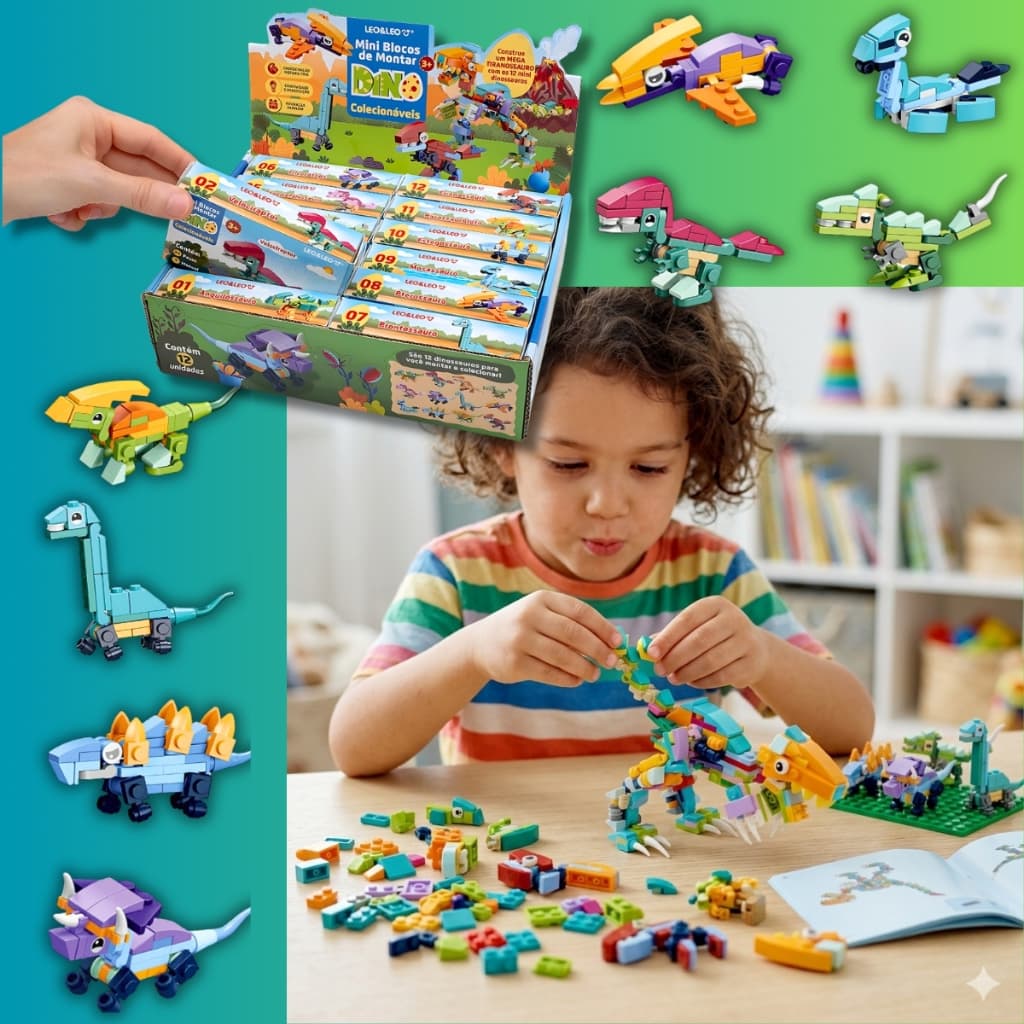 Boclos de Montar Brinquedo Educativo Mini Dino Kit com 3 Sortido